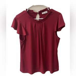 Calvin Klein Red Flutter Sleeve Blouse Size M | Romantic Feminine Career Top